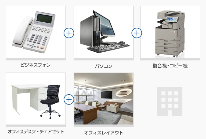 ビジネスフォン＋パソコン＋複合機・コピー機＋オフィスデスク・チェアセット＋オフィスレイアウト