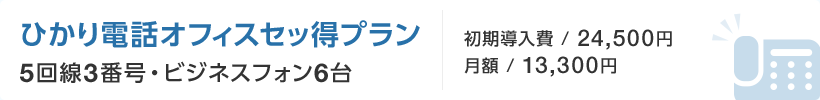 ひかり電話オフィスセッ得プラン 5回線3番号・ビジネスフォン6台 初期導入費 / 24,500円：月額 / 13,300円