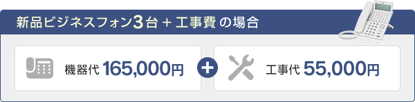 新品ビジネスフォン3台＋工事費の場合 機器台：165,000円＋工事代：55,000円