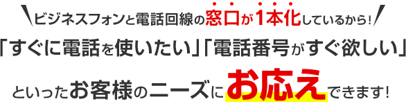 ビジネスフォンと電話回線の窓口が1本化しているから！「すぐに電話を使いたい」「電話番号がすぐ欲しい」といったお客様のニーズにお応えできます！