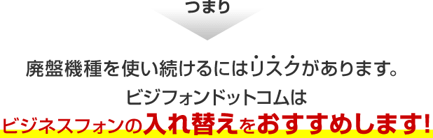 つまり廃盤機種を使い続けるにはリスクがあります。ビジフォンドットコムはビジネスフォンの入れ替えをおすすめします！