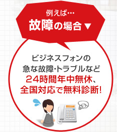 例えば…故障の場合 ビジネスフォンの急な故障・トラブルなど24時間年中無休、全国対応で無料診断！
