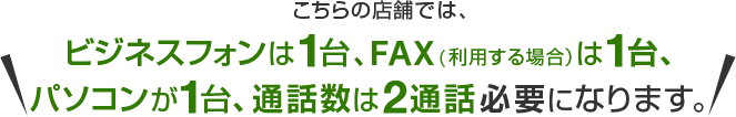 こちらの店舗では、ビジネスフォンは1台、FAX（利用する場合）は1台、パソコンが1台、通話数は2通話必要になります。