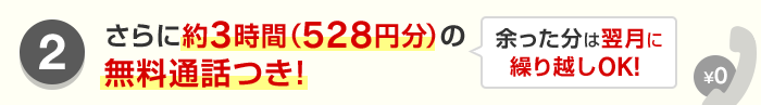 2.さらに約3時間（528円分）の無料通話つき！余った分は翌月に繰り越しOK！