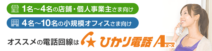 1名～4名の店舗・個人事業主さま向け 4名～10名の小規模オフィスさま向け オススメの電話回線はひかり電話A（エース）