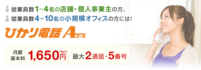 従業員数1～4名の店舗・個人事業主の方、従業員数4～10名の小規模オフィスの方には！ひかり電話エース 月額基本料1,650円 / 最大2通話・5番号