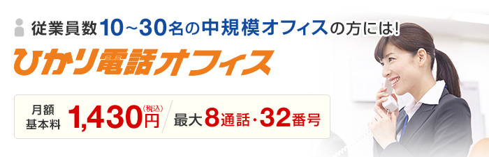 従業員数10～30名の中規模オフィスの方には！ひかり電話オフィス 月額基本料1,430円 / 最大8通話・32番号