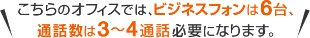 こちらのオフィスでは、ビジネスフォンは6台、通話数は3～4通話必要になります。