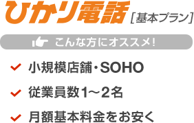 ひかり電話[基本プラン] こんな方にオススメ！小規模店舗・SOHO／従業員数1～2名／月額基本料金をお安く