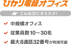 ひかり電話オフィス こんな方にオススメ！ 中規模オフィス／従業員数10～30名／最大8通話32番号が利用可能