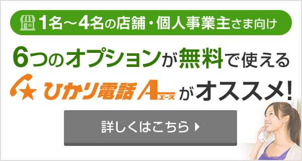 1名～4名の店舗・個人事業主さま向け 6つのオプションが無料で使える ひかり電話A（エース）がオススメ！詳しくはこちら