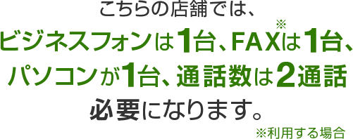 こちらの店舗では、ビジネスフォンは1台、FAX（利用する場合）は1台、パソコンが1台、通話数は2通話必要になります。