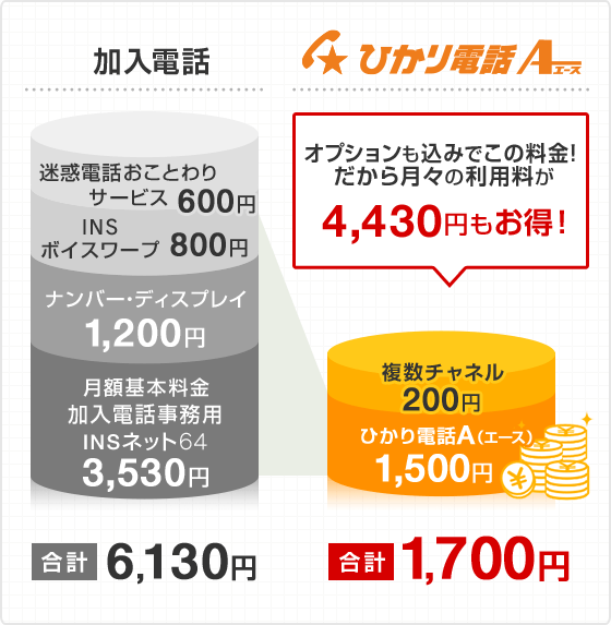 加入電話 合計6,743円 ひかり電話A（エース） 合計1,870円 オプションも込みでこの料金！だから月々の利用料が4,873円もお得！