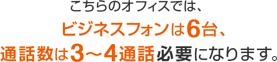こちらのオフィスでは、ビジネスフォンは6台、通話数は3～4通話必要になります。