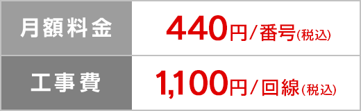 月額料金 440円/回線（税込）、工事費 1,100円/回線（税込）