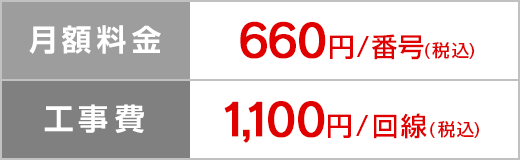 月額料金 660円/番号（税込）、工事費 1,100円/回線（税込）