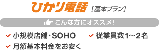 ひかり電話[基本プラン] こんな方にオススメ！小規模店舗・SOHO／従業員数1～2名／月額基本料金をお安く